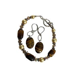 Faux Tigers Eye Bracelet Dangle Earrings Set Faux Pearl Silver Tone Brown Beaded